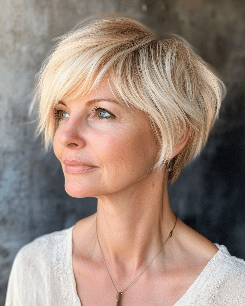 khaoula0921_A_STILL_OF_AN_OLD_WOMAN_FEMALE_WITH_Sun-Kissed_Bl_2dfe3057-6741-4768-9b9e-0874a4c11184_2 10 Pixie Haircuts for Older Women with Fringe: Layered Honey Blonde Pixie with Feathered Texture