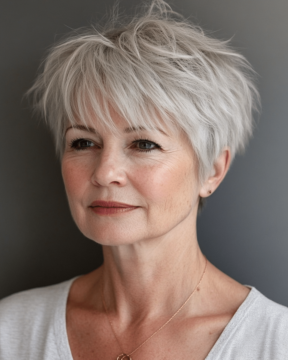 khaoula0921_A_STILL_OF_AN_OLD_WOMAN_Short_Shaggy_Pixie_This_p_e4d83a33-400f-43e7-8e78-877b5d6ddb19_3 10 Pixie Haircuts for Older Women with Fringe: Layered Honey Blonde Pixie with Feathered Texture
