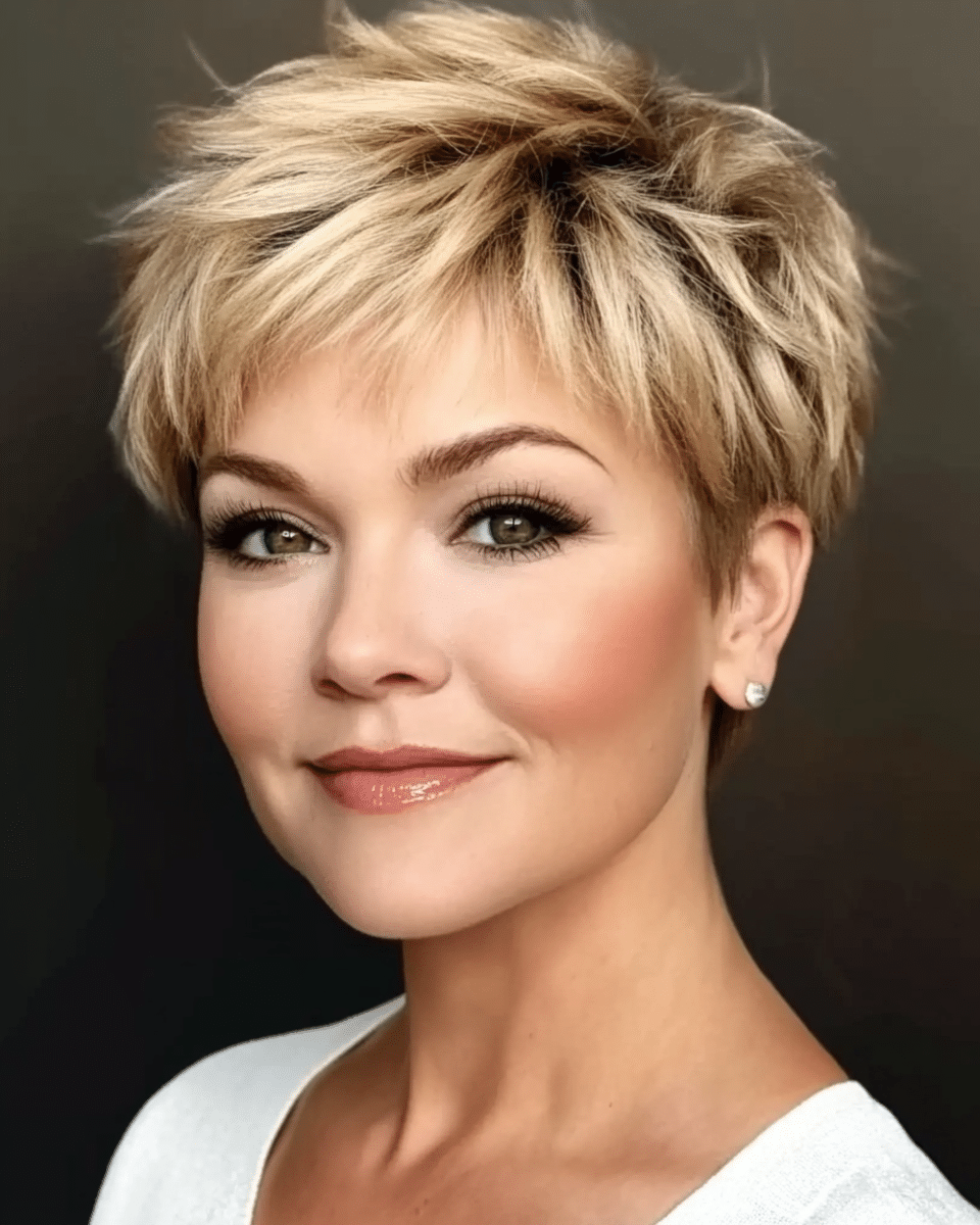 10 Pixie Haircuts for Older Women with Fringe: Layered Honey Blonde Pixie with Feathered Texture