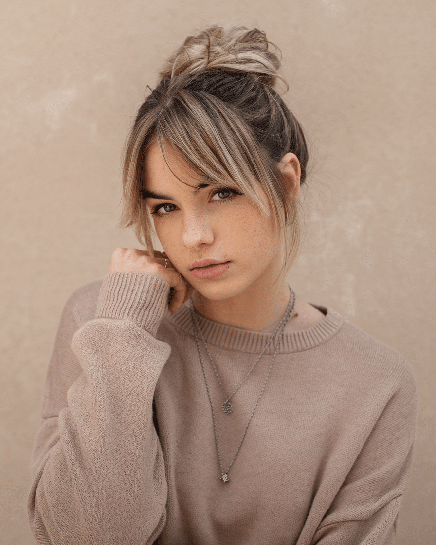 a-photo-of-a-young-female-with-a-side-bu_g9oqX1DiRb2bDvOJ9t2DgQ_OtyX28GCTraCZoAUZR9brw 20 Trendy Timeless Bridesmaid Hair with Medium Bangs