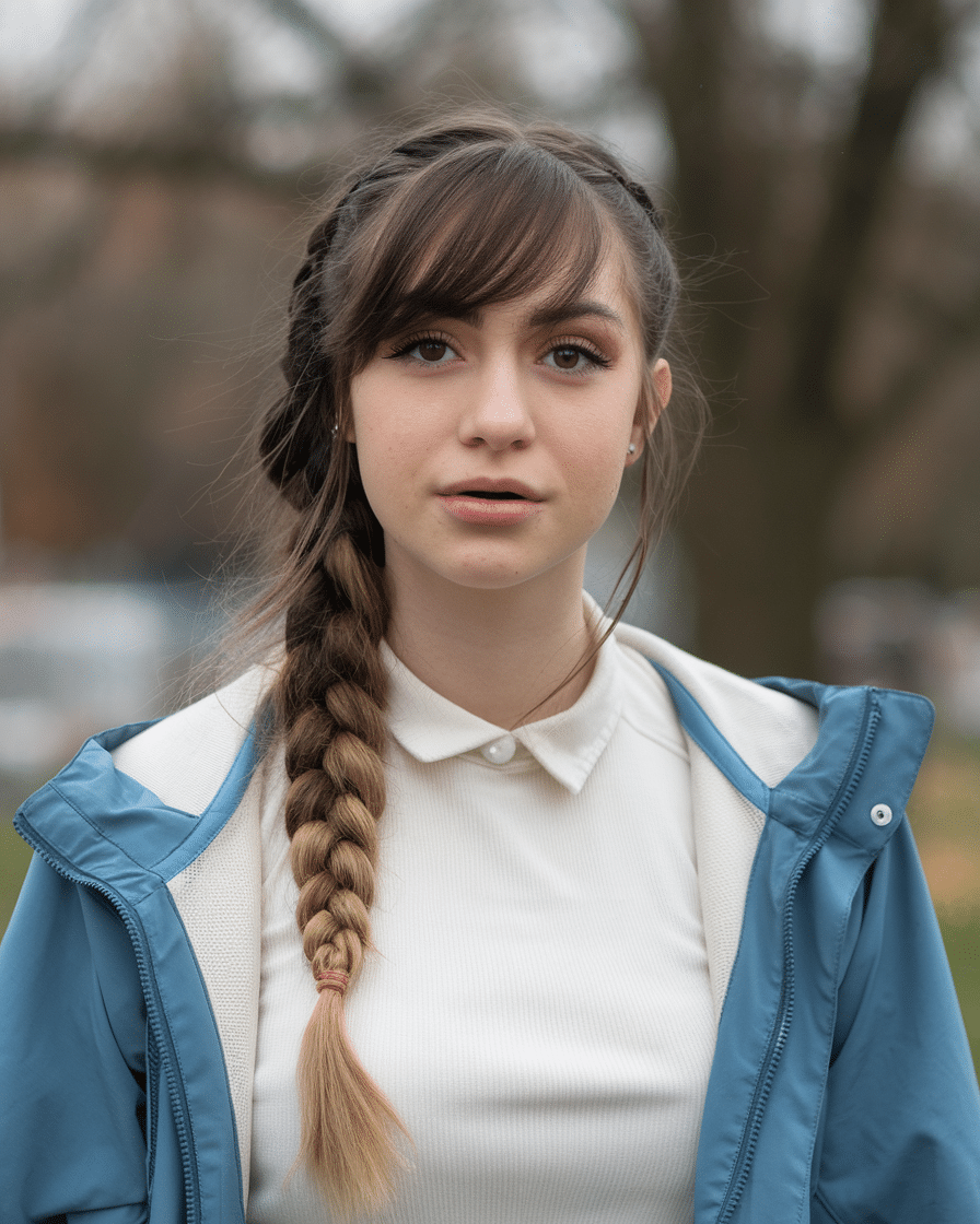 a-photo-of-a-young-female-with-a-side-fi_uPhwxV33R-mrQnzPYUv16w_-eJzMKClQIqmGJ3Je2X-Vg 20 Trendy Timeless Bridesmaid Hair with Medium Bangs