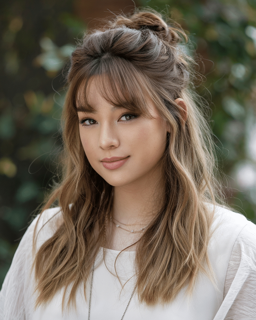 a-photo-of-a-young-female-woman-with-hal_JN9dEpHGQN-30YfT8Hf7Ag_eF2Qk9KjToKWWS2YJtqlmA 20 Stylish Weddings Haircuts with Bangs