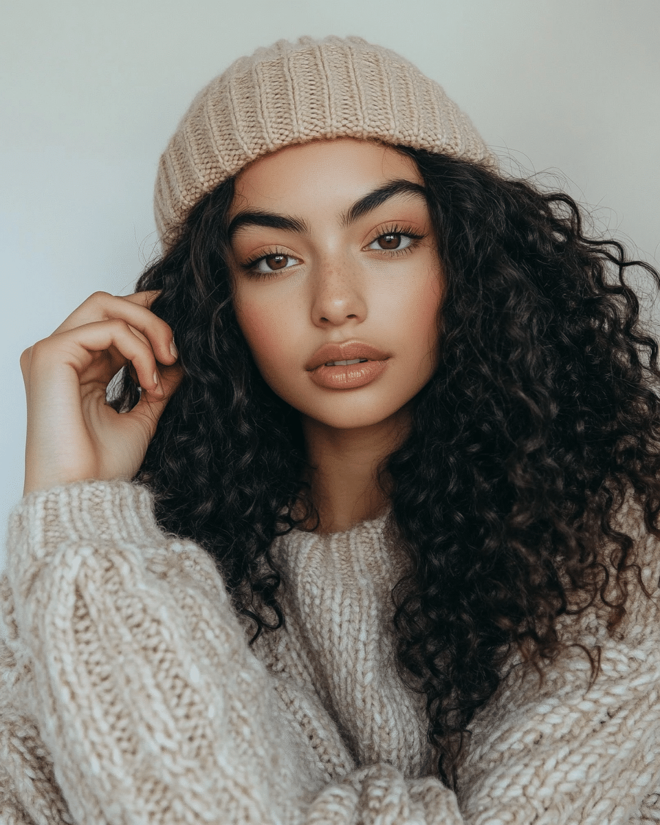 khaoula0921_A_STILL_OF_A_YOUNG_FEMALE_WOMANDefined_Long_Curls_e7650f39-dad7-41b2-9fc1-f869cb81519c_1 Mastering Beanie Hairstyles: 15 Simple and Stylish Ideas for Effortless Hair Days
