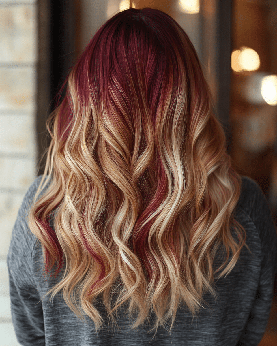khaoula0921_A_STILL_OF_A_YOUNG_FEMALE_WOMAN_Blonde_Balayage_w_a38d5c0d-9f04-4d04-bc4f-61fc0e444812_2 17 Cherry Cola Balayage Ideas: Add Depth and Drama to Your Locks