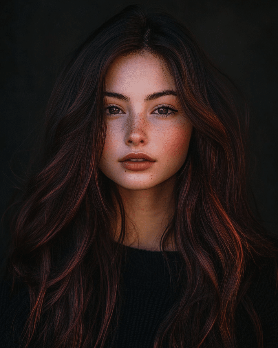 khaoula0921_A_STILL_OF_A_YOUNG_FEMALE_WOMAN_Soft_Waves_with_C_74bac3e2-d484-4136-8eae-4aea20585b4b_2 17 Cherry Cola Balayage Ideas: Add Depth and Drama to Your Locks