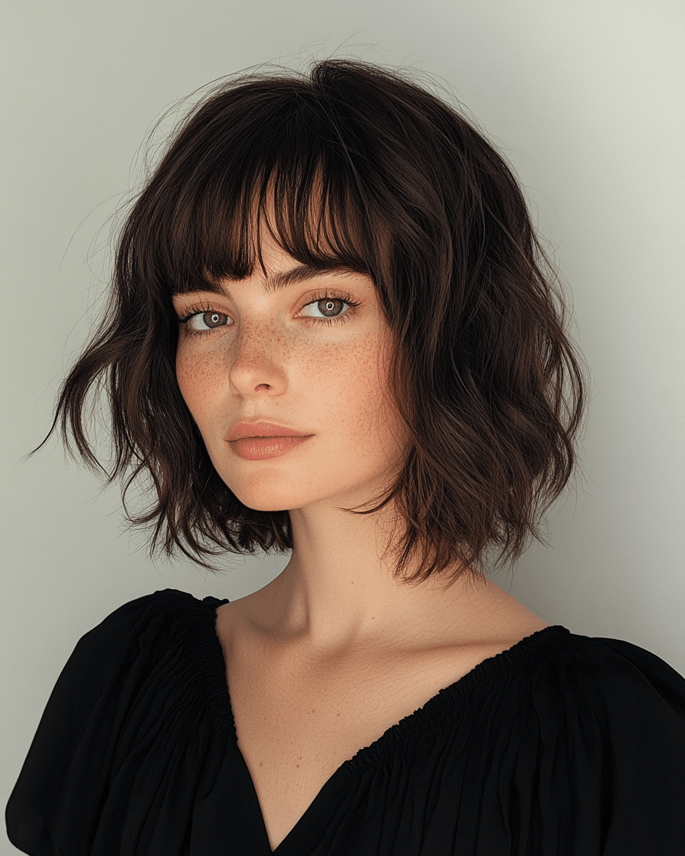 khaoula0921_A_STILL_OF_A_YOUNG_FEMALE_WOMAN_WITH_Brunette_But_2b70afee-cf47-4dda-a2bf-737cfa20f53b_2 20 . 90s Layered Haircut Brunette Face Framing Bangs