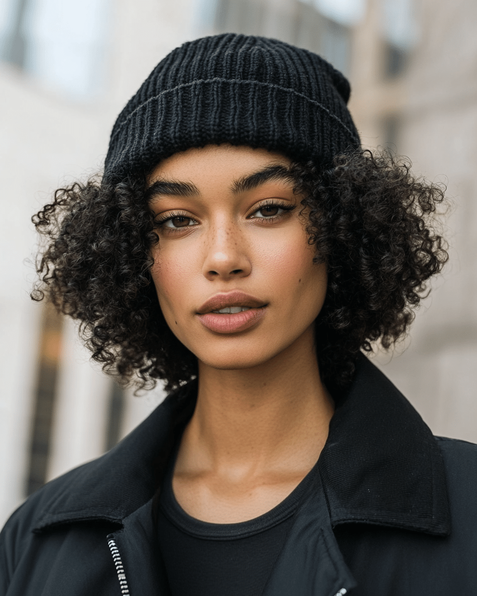 khaoula0921_A_STILL_OF_A_YOUNG_FEMALE_WOMAN_WITH_Curly_Bob_wi_2009a321-8305-4e1c-aea2-d185c27ad57c_2 Mastering Beanie Hairstyles: 15 Simple and Stylish Ideas for Effortless Hair Days