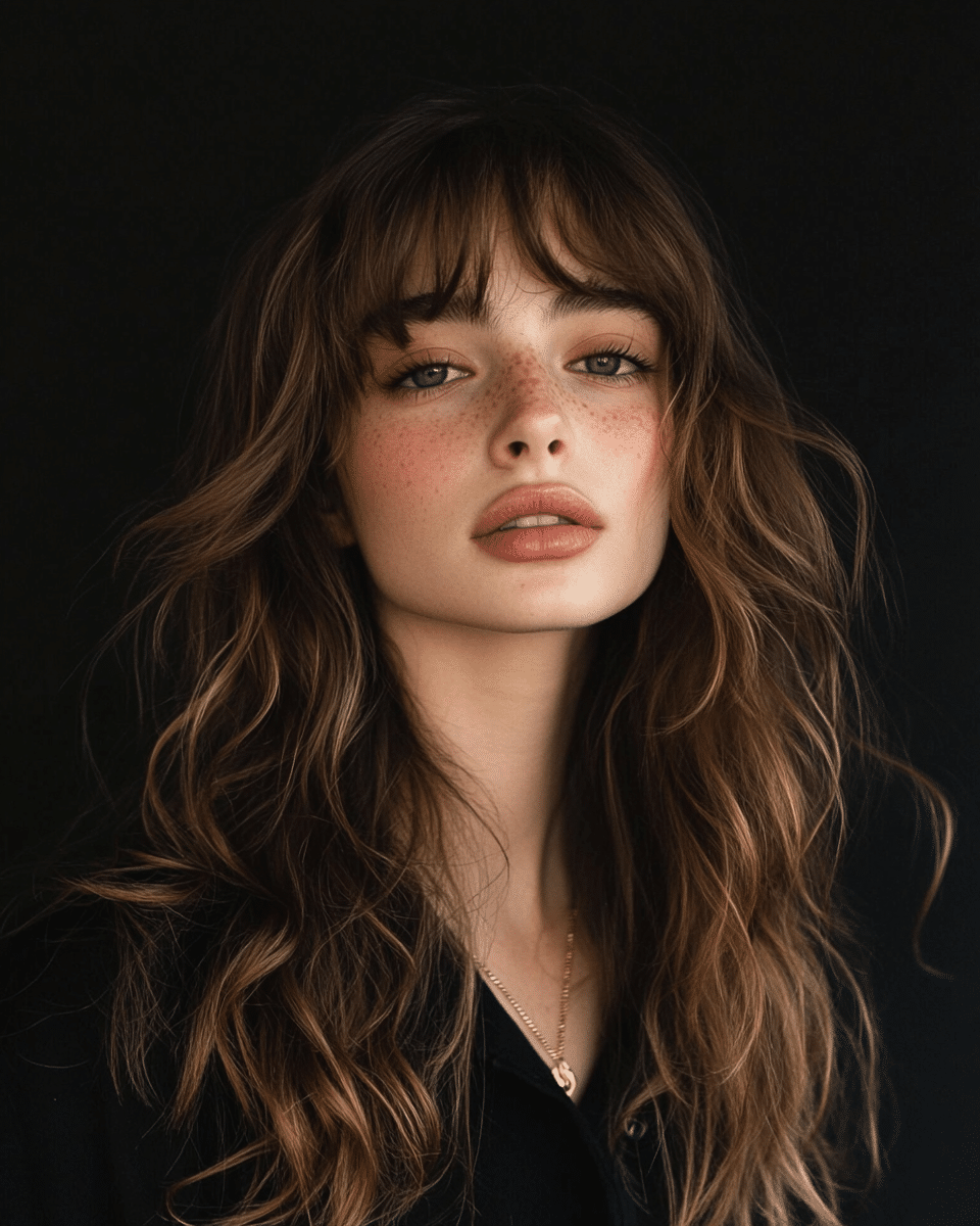 khaoula0921_A_STILL_OF_A_YOUNG_FEMALE_WOMAN_WITH_Feathered_La_939786e7-70ff-4c0a-b8ac-63776c17a8de_3 20 . 90s Layered Haircut Brunette Face Framing Bangs