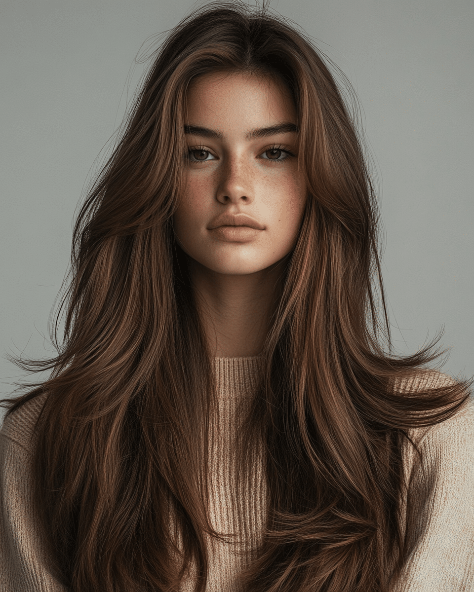 khaoula0921_A_STILL_OF_A_YOUNG_FEMALE_WOMAN_WITH_Long_Layered_3370145f-c30e-4689-8d34-6886e3d85aaa_1 20 . 90s Layered Haircut Brunette Face Framing Bangs