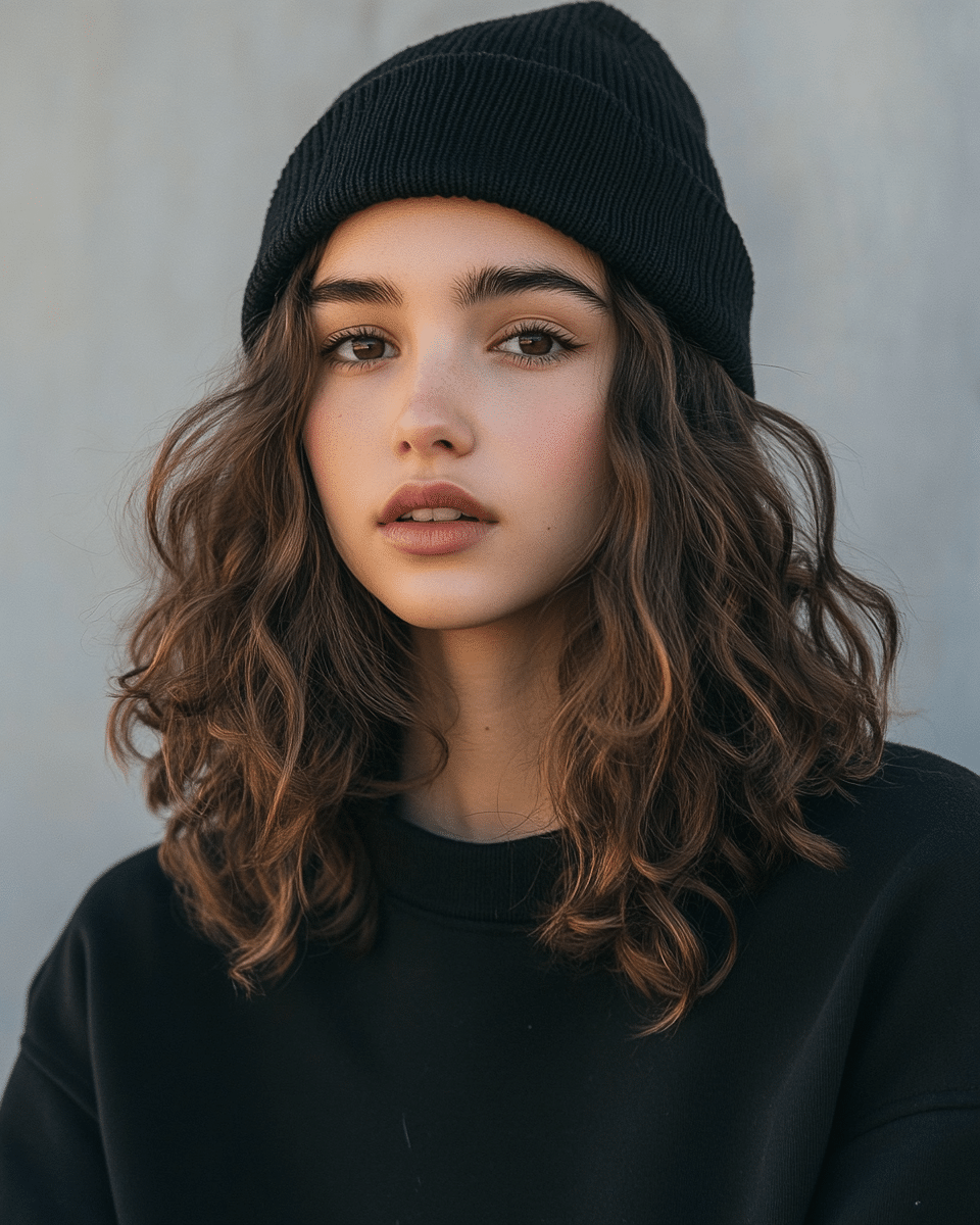 khaoula0921_A_STILL_OF_A_YOUNG_FEMALE_WOMAN_WITH_Loose_Waves__84472559-7cf7-4c0a-8ba2-963a6690bc25_3 Mastering Beanie Hairstyles: 15 Simple and Stylish Ideas for Effortless Hair Days
