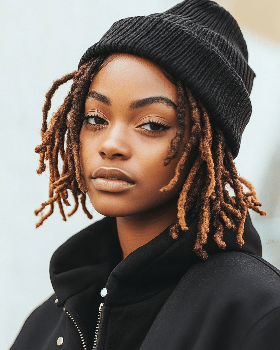 khaoula0921_A_STILL_OF_A_YOUNG_FEMALE_WOMAN_WITH_Short_Locs_w_3a9d8068-e812-4ea3-bf32-88d0fc31307d_0 Mastering Beanie Hairstyles: 15 Simple and Stylish Ideas for Effortless Hair Days