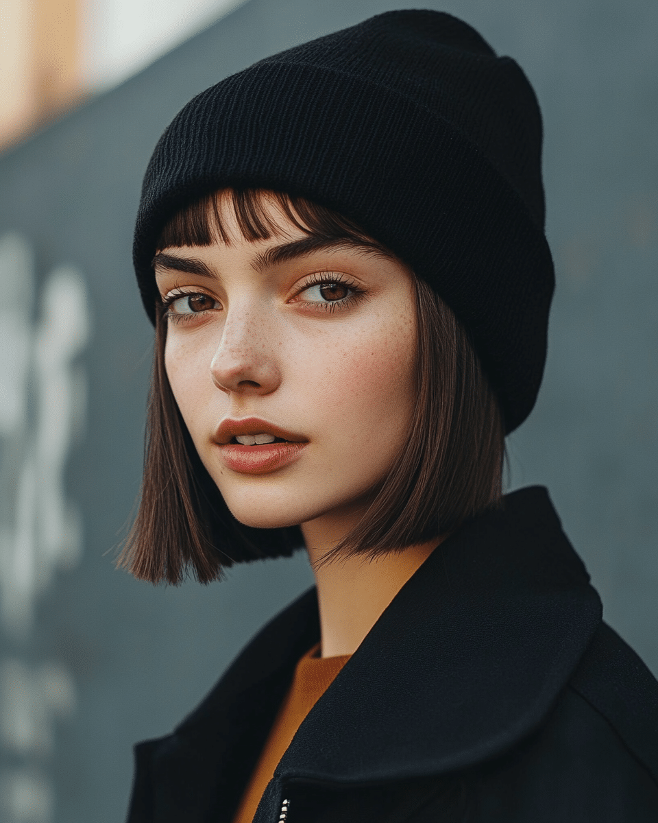 khaoula0921_A_STILL_OF_A_YOUNG_FEMALE_WOMAN_WITH_Sleek_Bob_wi_079b4752-5a82-41e2-95f6-5298c8313757_0 Mastering Beanie Hairstyles: 15 Simple and Stylish Ideas for Effortless Hair Days