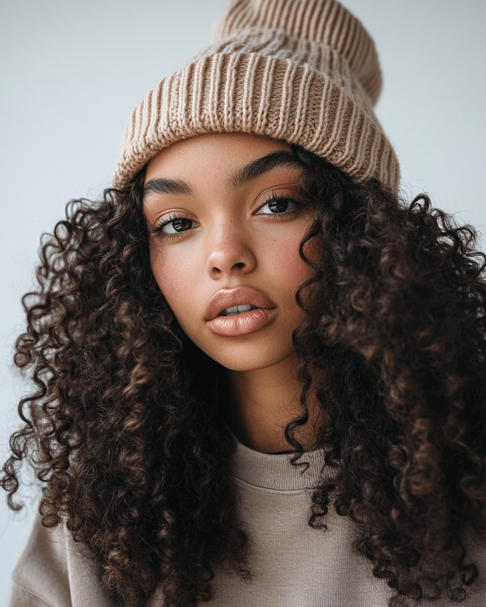 khaoula0921_A_STILL_OF_A_YOUNG_FEMALE_WOMAN_WITH_Voluminous_C_6efa5173-b1a7-4bb8-b783-ef7bdc073958_3 Mastering Beanie Hairstyles: 15 Simple and Stylish Ideas for Effortless Hair Days