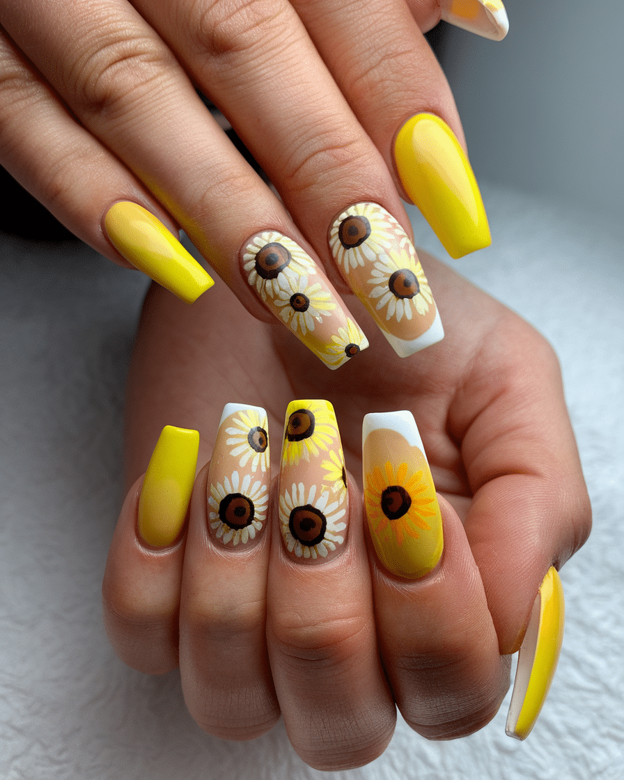 Vibrant Yellow Sunflower Nail Design Ideas