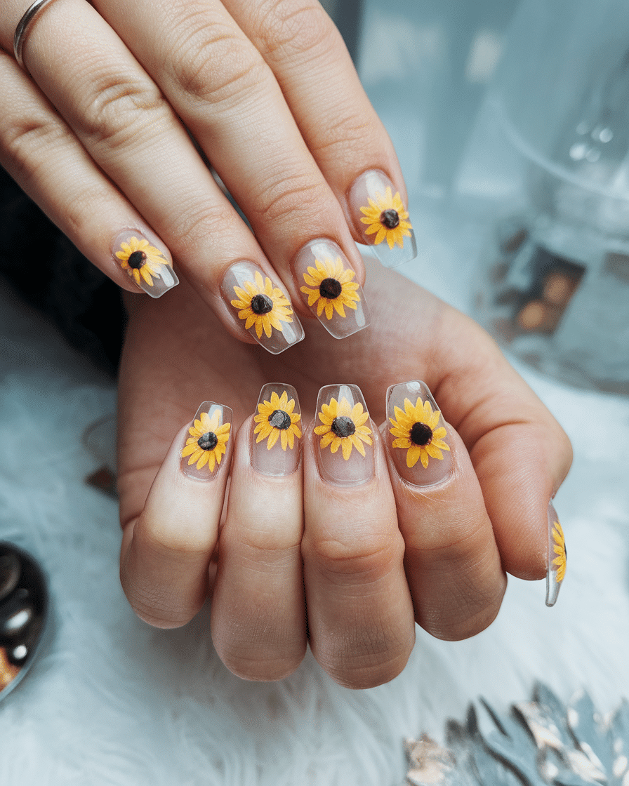 Vibrant Yellow Sunflower Nail Design Ideas