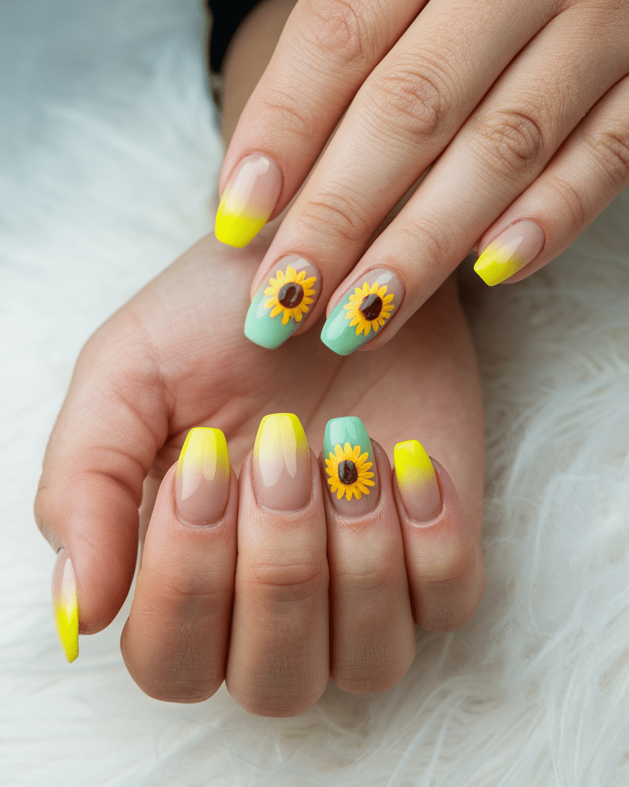 Vibrant Yellow Sunflower Nail Design Ideas