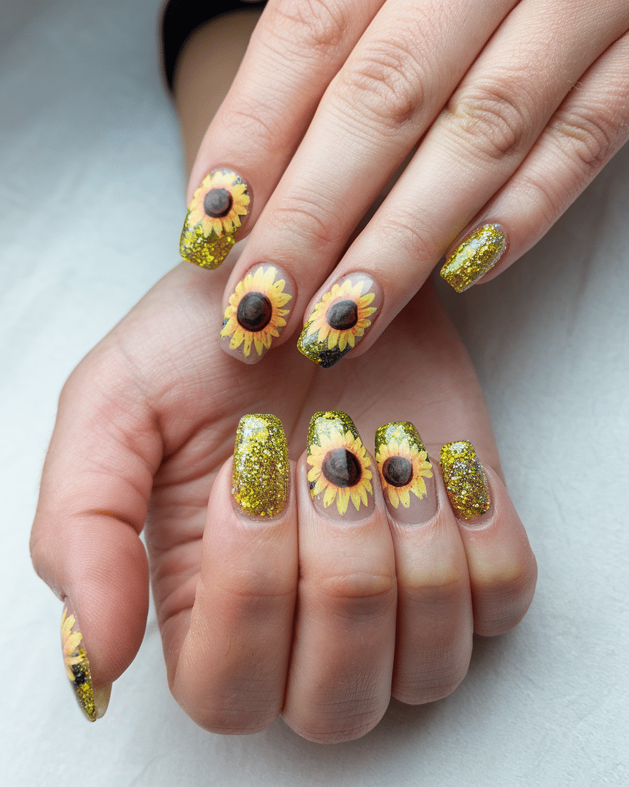 Vibrant Yellow Sunflower Nail Design Ideas