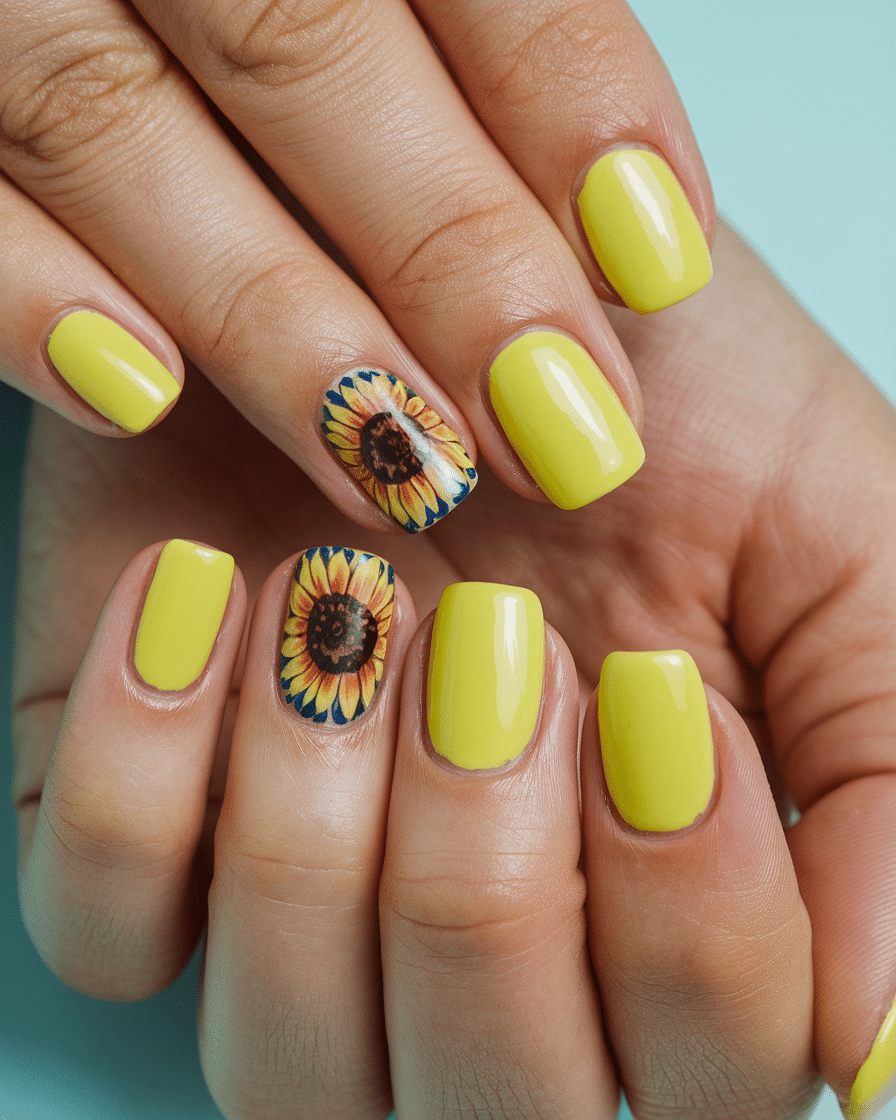 Vibrant Yellow Sunflower Nail Design Ideas