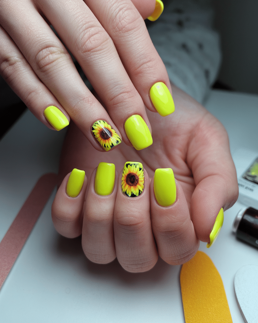 Vibrant Yellow Sunflower Nail Design Ideas