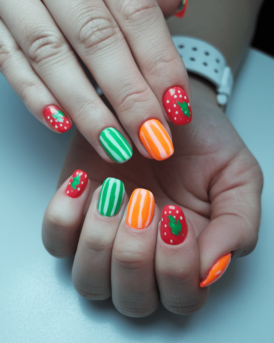 0014_4_a-still-image-of-a-hand-with-fruit-inspi_v22xQePQQGeCF8H7V4Inpg_lsaIYb6vThmDbDBQnffFjQ 22 Colorful Spring Nails Designs You'll Obsess Over
