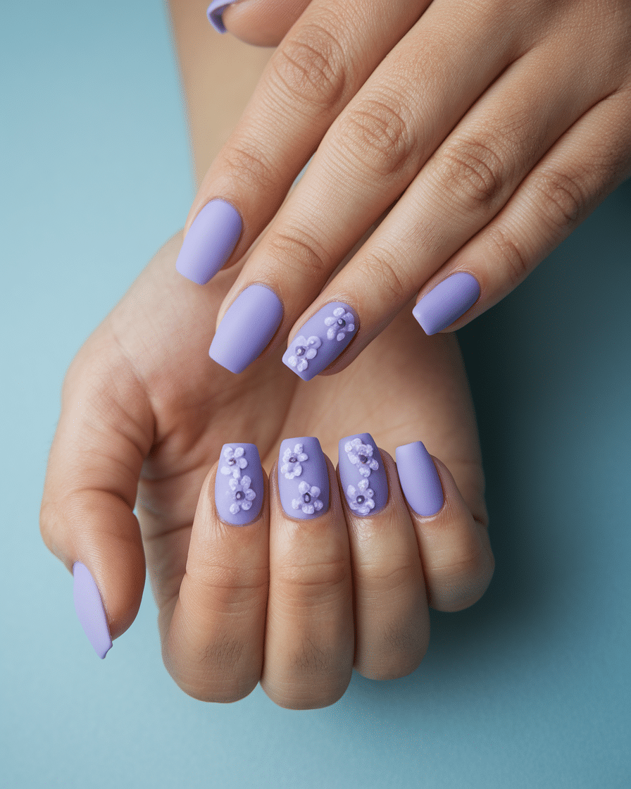 22 Blue Fall Nails: Matte Pastel Blue With Floral Accent