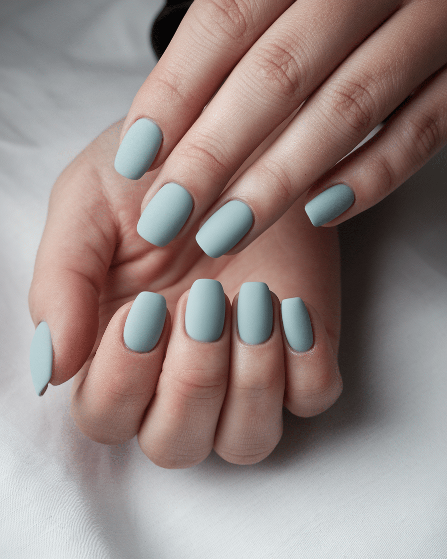 22 Blue Fall Nails: Matte Pastel Blue With Floral Accent