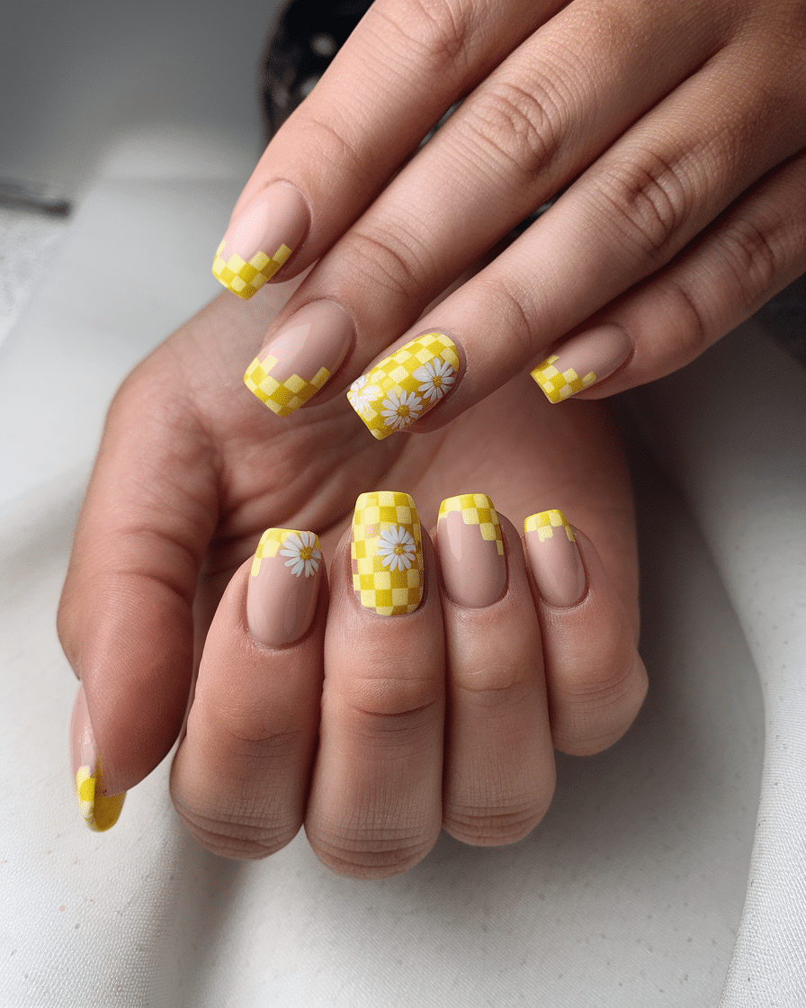 19 Cute Spring Nails That Will Never Go Out of Style: Daisy Nude Nails & Yellow Nail