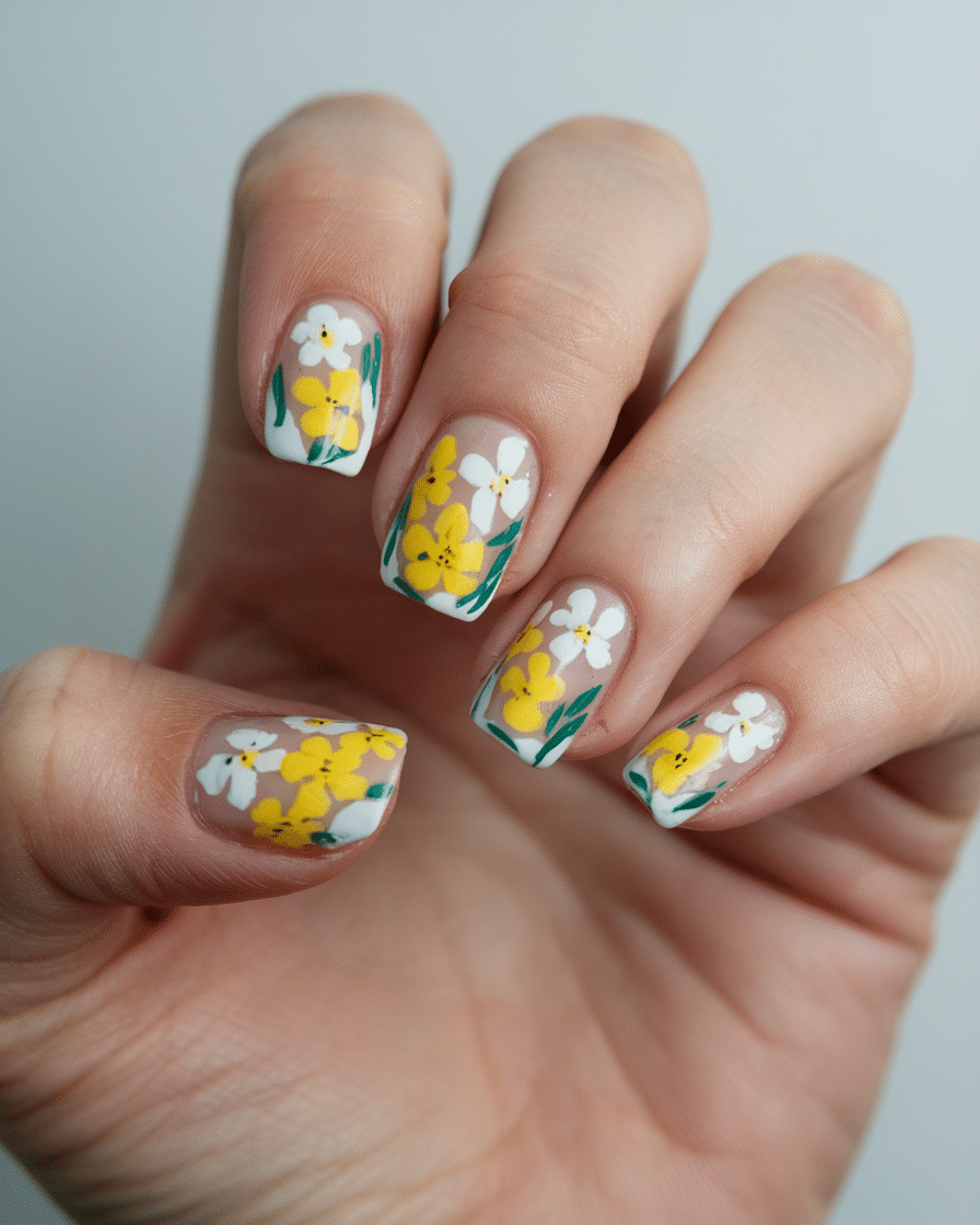 19 Cute Spring Nails That Will Never Go Out of Style: Daisy Nude Nails & Yellow Nail