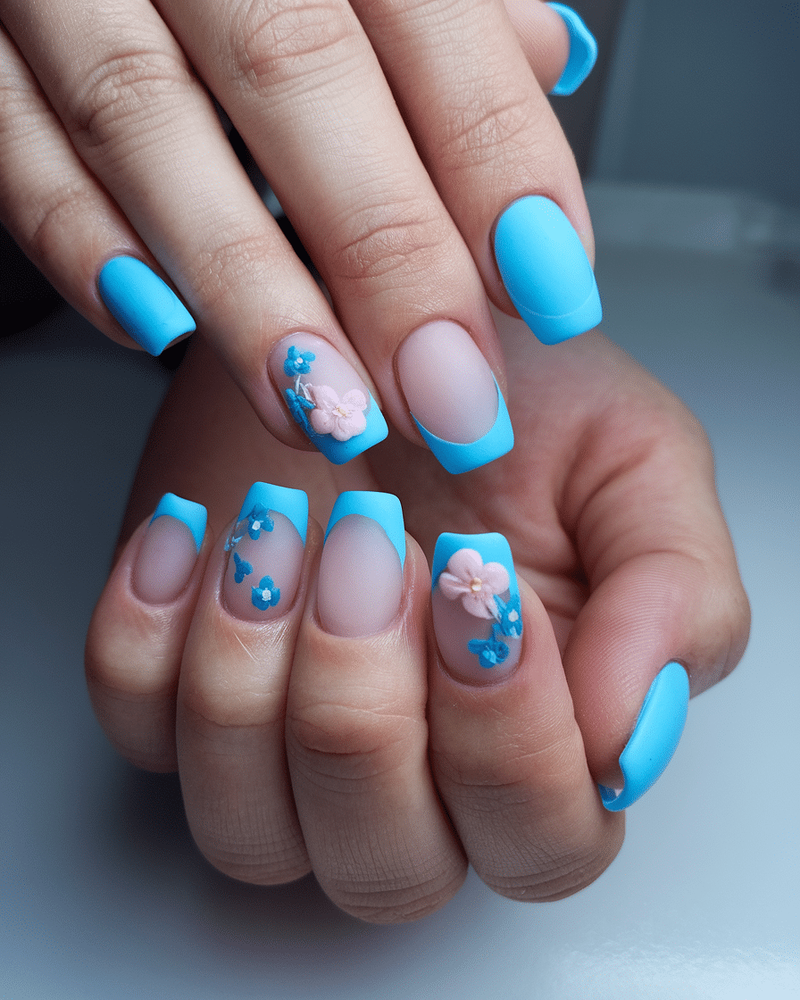 22 Blue Fall Nails: Matte Pastel Blue With Floral Accent