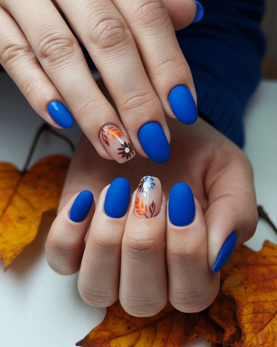 22 Blue Fall Nails: Matte Pastel Blue With Floral Accent