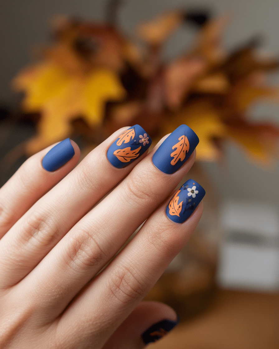 22 Blue Fall Nails: Matte Pastel Blue With Floral Accent