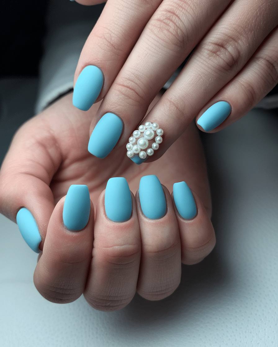 22 Blue Fall Nails: Matte Pastel Blue With Floral Accent