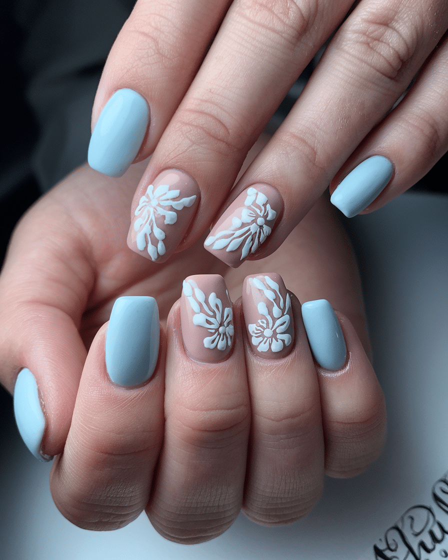 22 Blue Fall Nails: Matte Pastel Blue With Floral Accent