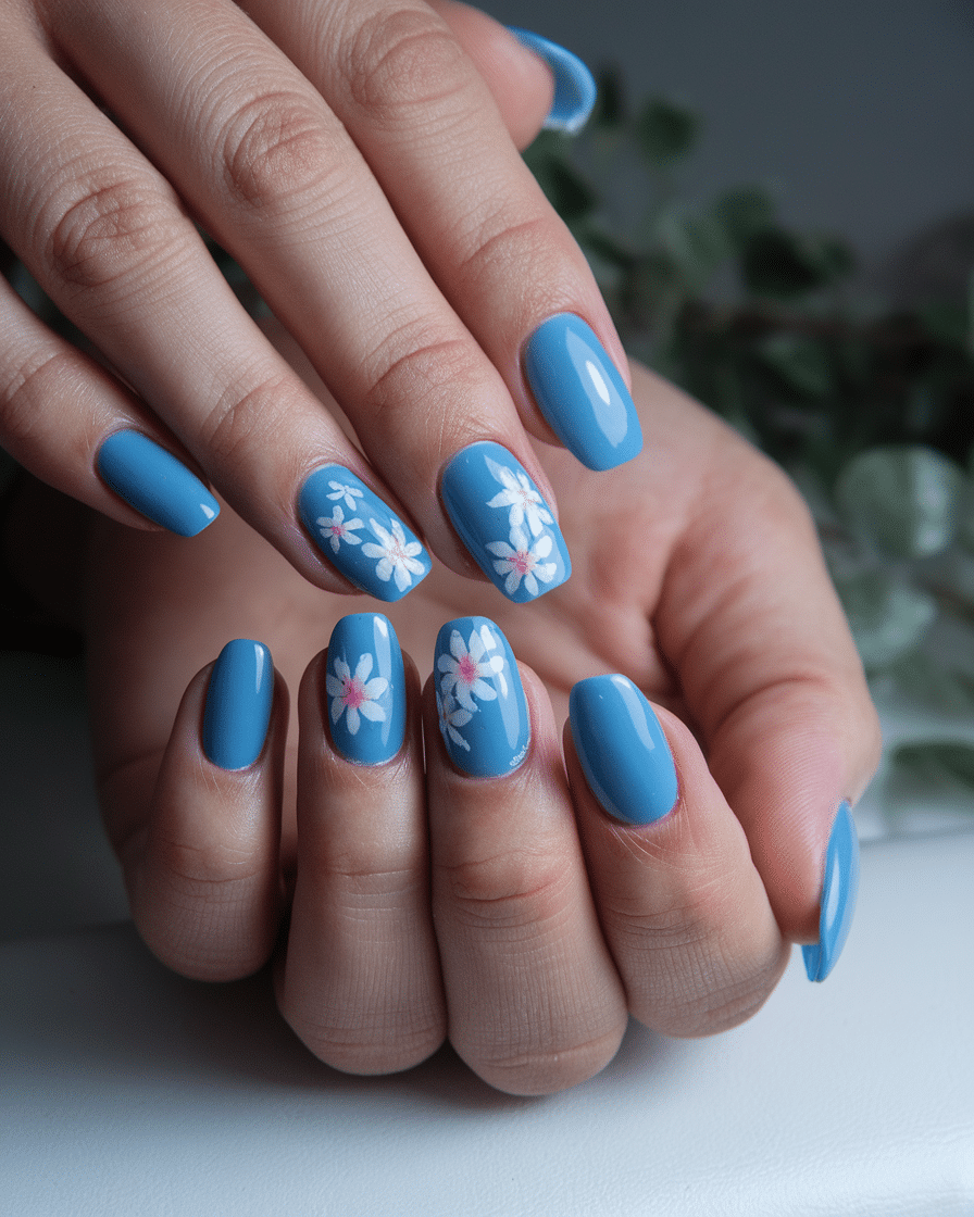 22 Blue Fall Nails: Matte Pastel Blue With Floral Accent