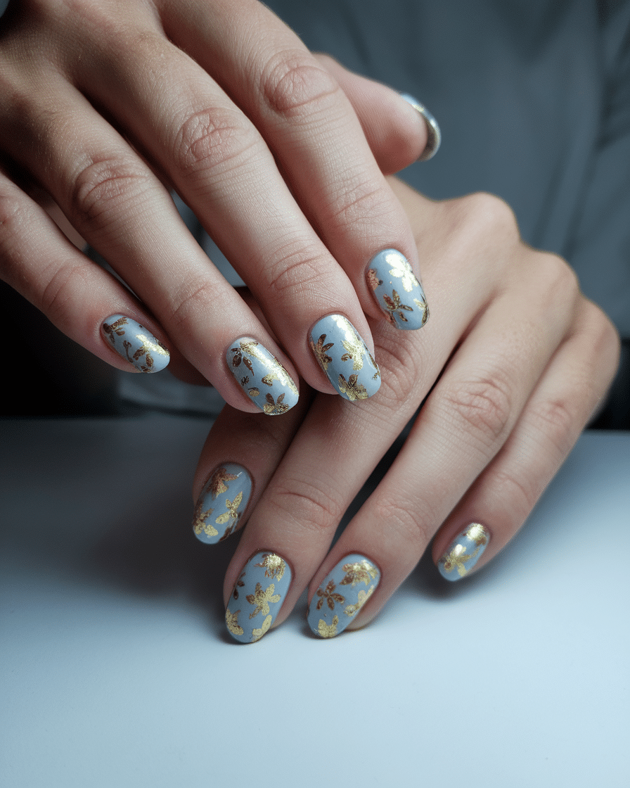 22 Blue Fall Nails: Matte Pastel Blue With Floral Accent