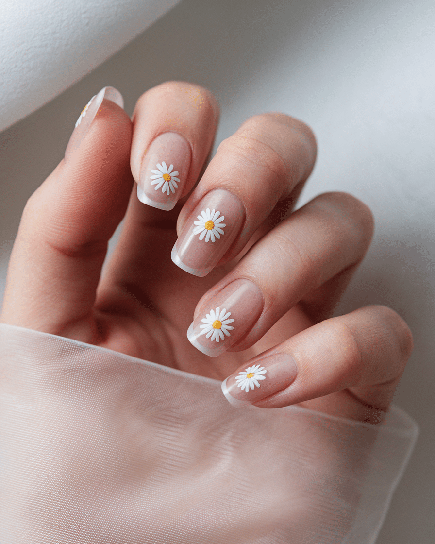 19 Cute Spring Nails That Will Never Go Out of Style: Daisy Nude Nails & Yellow Nail