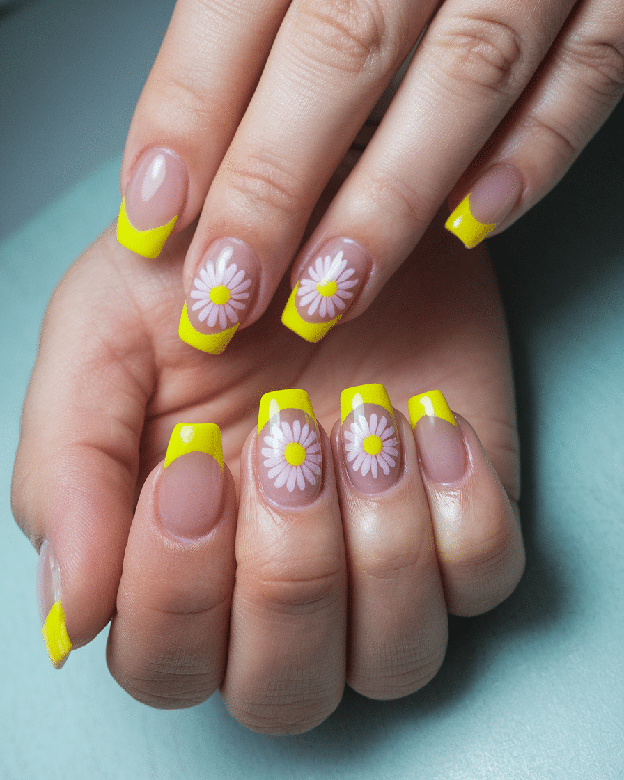 19 Cute Spring Nails That Will Never Go Out of Style: Daisy Nude Nails & Yellow Nail