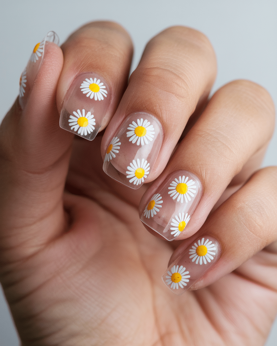 19 Cute Spring Nails That Will Never Go Out of Style: Daisy Nude Nails & Yellow Nail