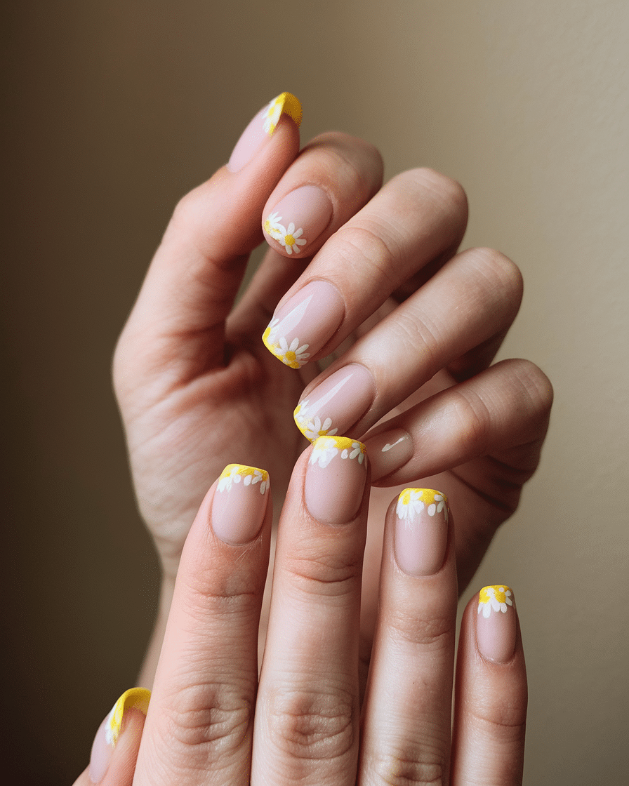 19 Cute Spring Nails That Will Never Go Out of Style: Daisy Nude Nails & Yellow Nail