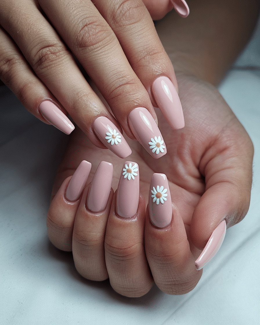 19 Cute Spring Nails That Will Never Go Out of Style: Daisy Nude Nails & Yellow Nail