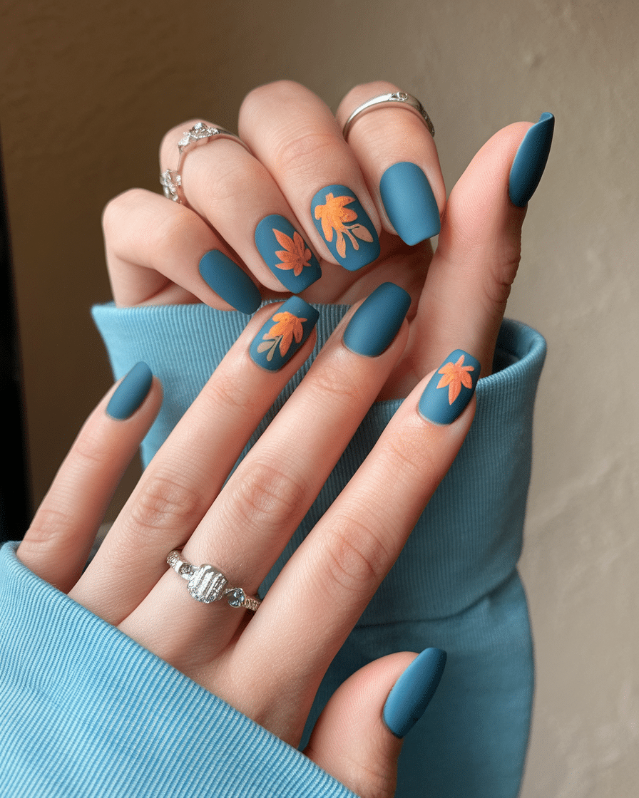 22 Blue Fall Nails: Matte Pastel Blue With Floral Accent