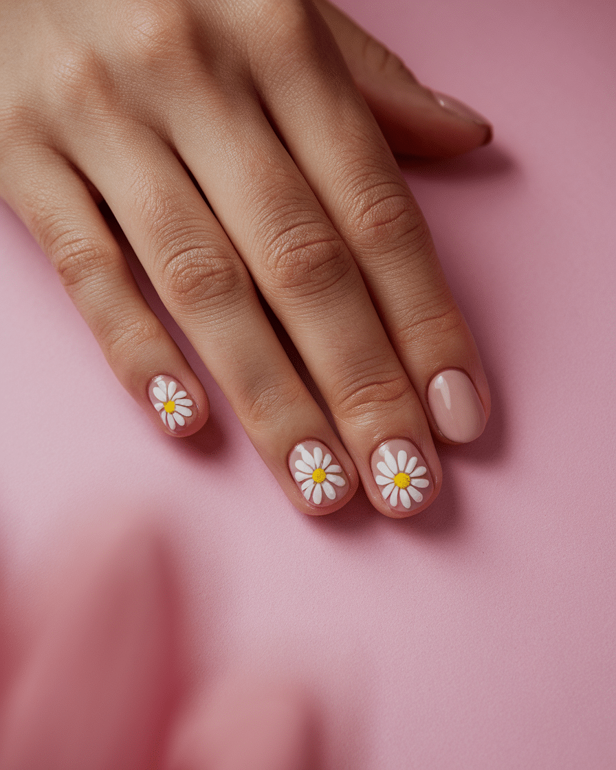 19 Cute Spring Nails That Will Never Go Out of Style: Daisy Nude Nails & Yellow Nail