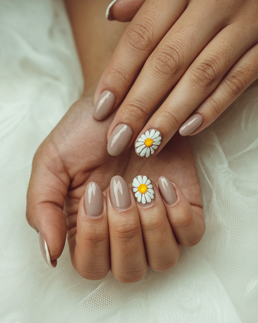 19 Cute Spring Nails That Will Never Go Out of Style: Daisy Nude Nails & Yellow Nail