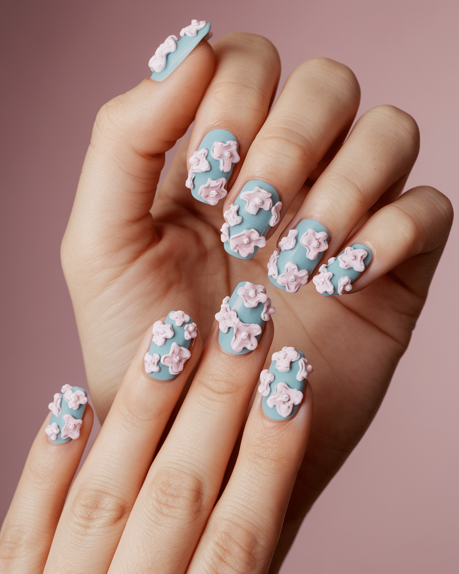 22 Blue Fall Nails: Matte Pastel Blue With Floral Accent