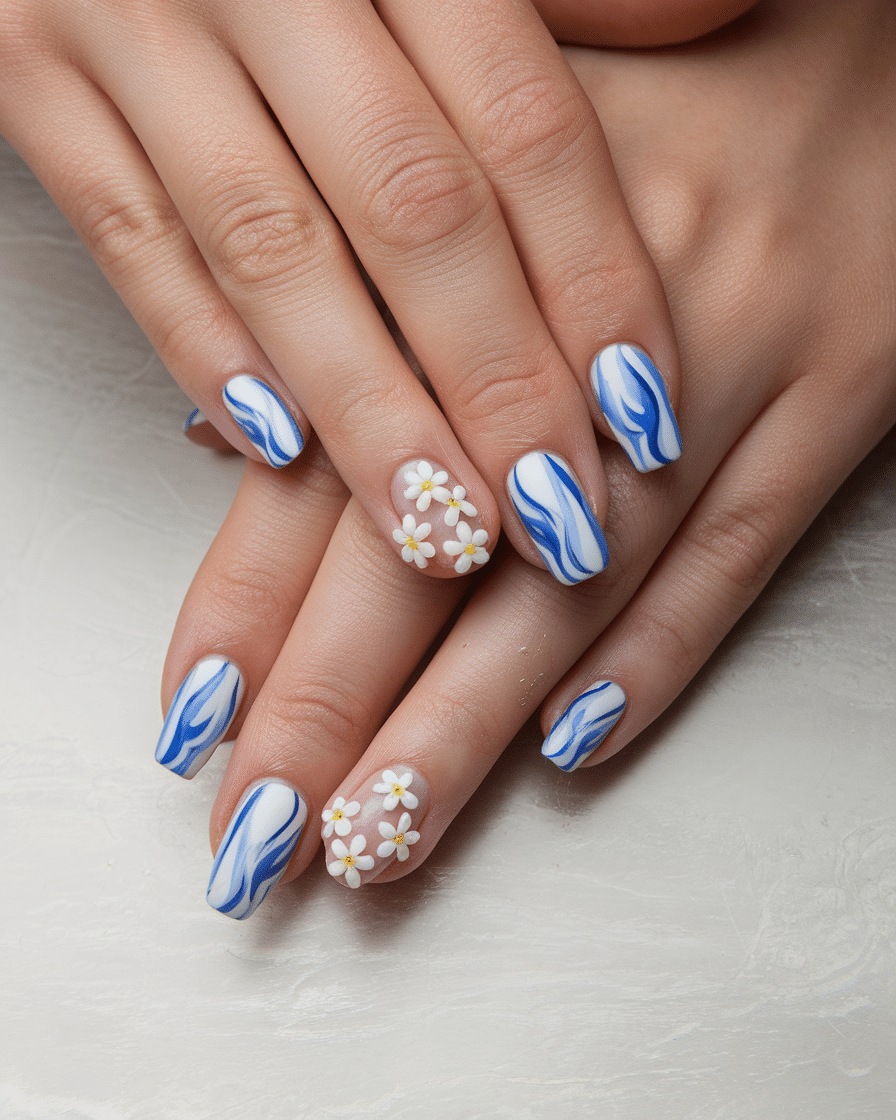 22 Blue Fall Nails: Matte Pastel Blue With Floral Accent