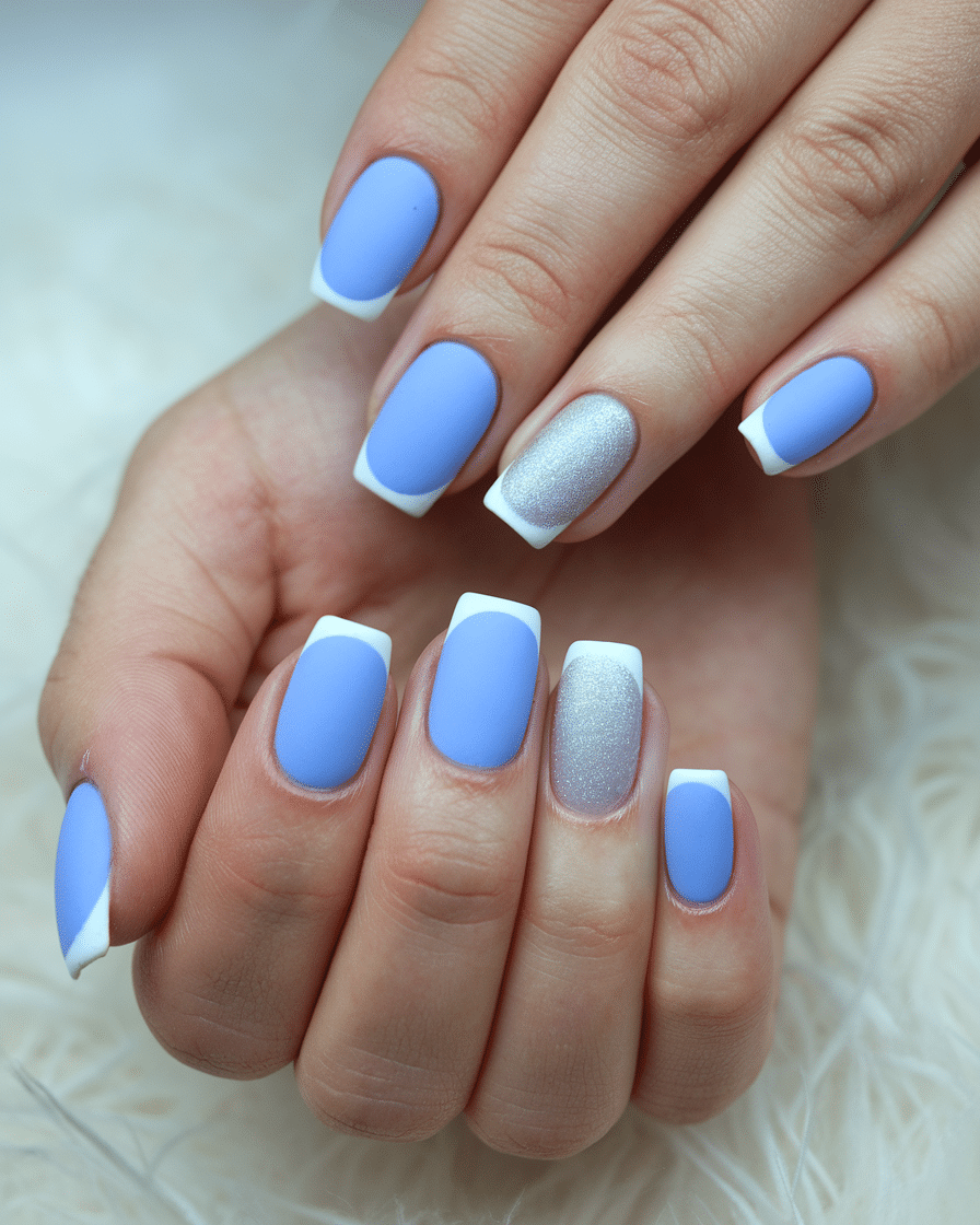 22 Blue Fall Nails: Matte Pastel Blue With Floral Accent