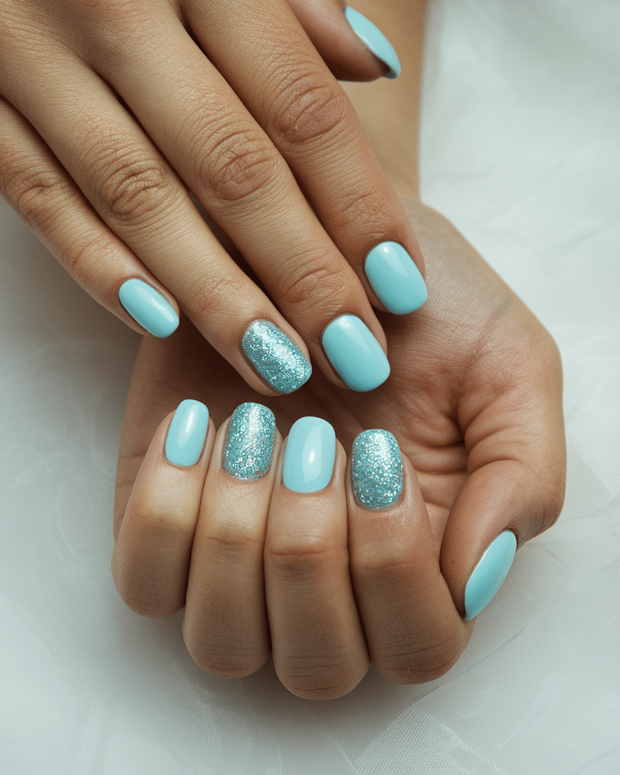 22 Blue Fall Nails: Matte Pastel Blue With Floral Accent