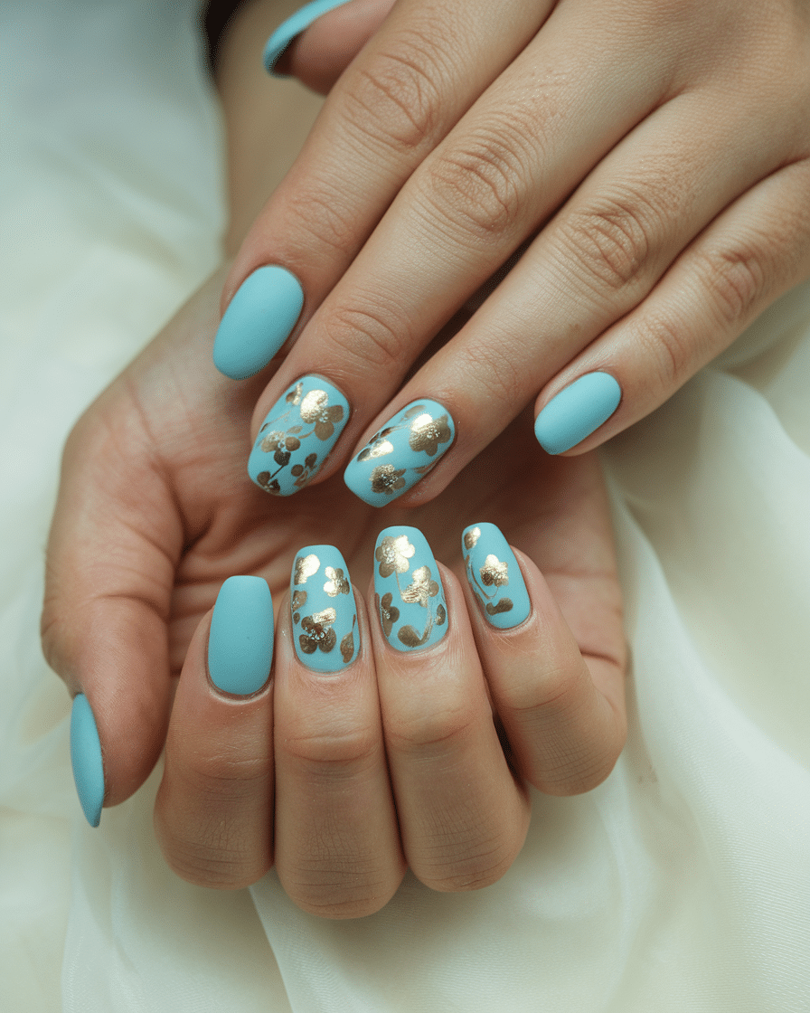 22 Blue Fall Nails: Matte Pastel Blue With Floral Accent