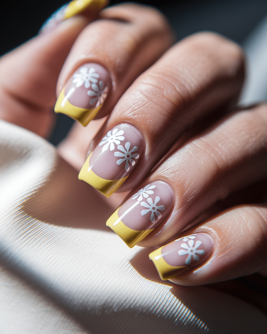 0001_3_a-close-up-photograph-captures-the-exqui_oejzf8zEQJOdABQ4ZhO-Wg_j7BAhBLpRmSbwpr6WKrusA Elegant Summer Nail Designs Featuring Yellow, French Tips, and Floral Accents