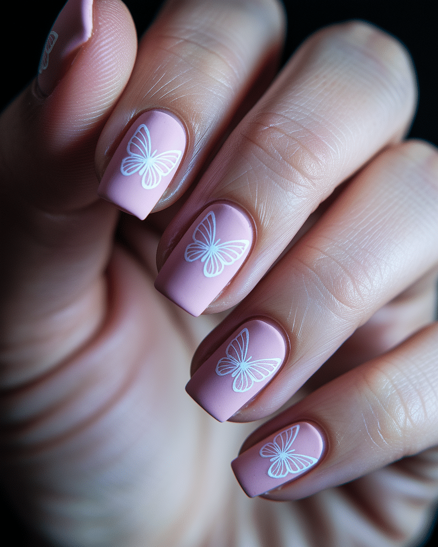 Pretty Spring Nail Designs with Butterfly and Pink Accents